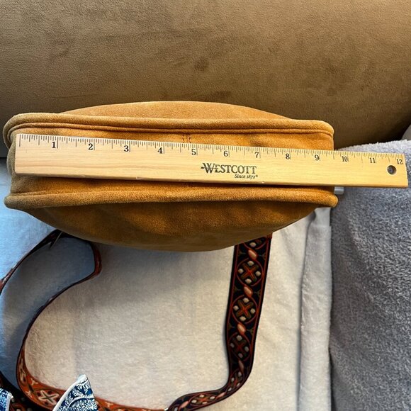 ah-dorned Crossbody Shoulder Bag Camel Faux Suede Reversible Multi Colored Strap - Picture 7 of 8